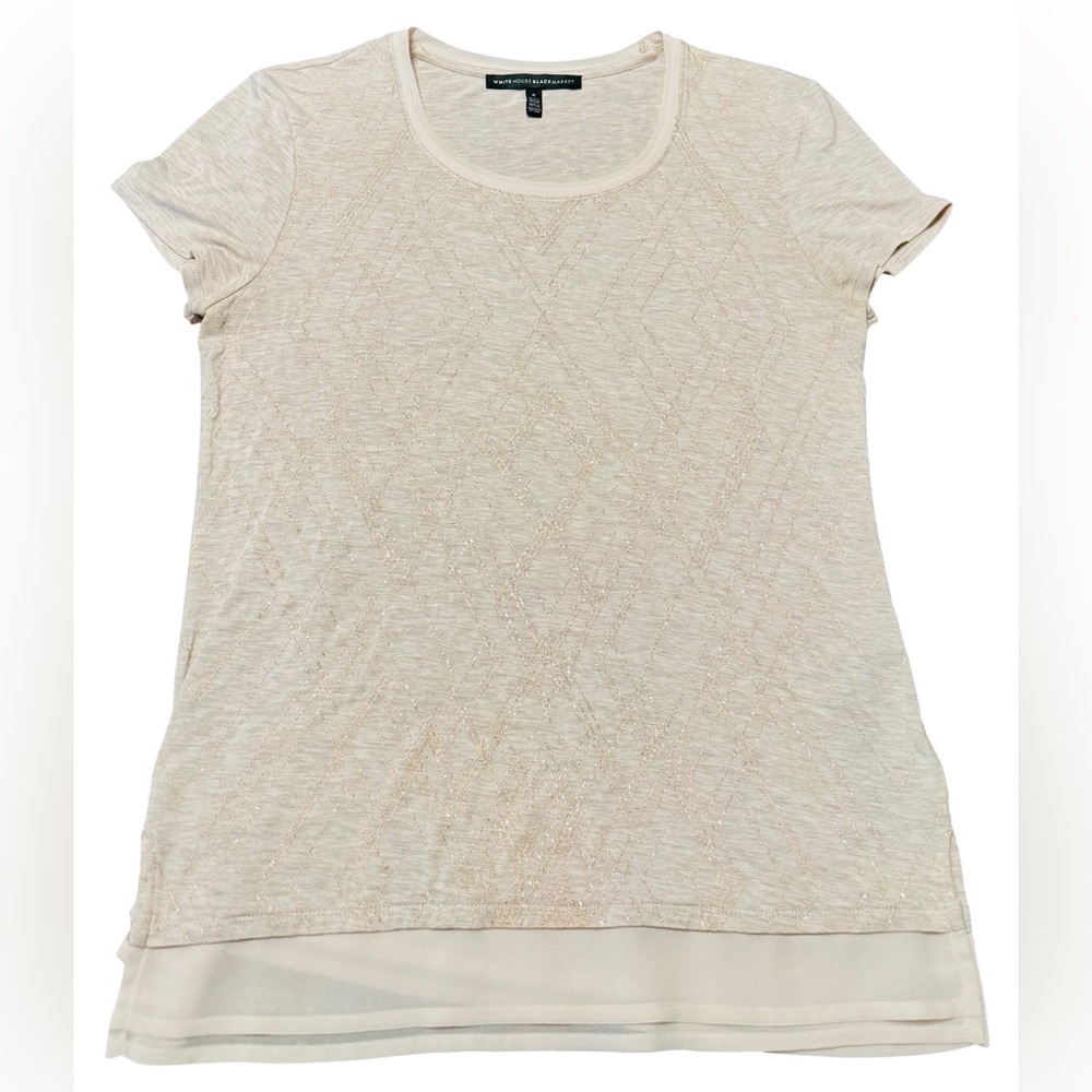 White House Black Market Cream Short Sleeve Women Top with Sheer Layer, S. NWOT